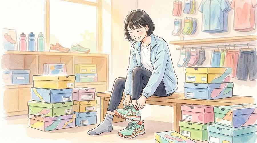 新しいシューズを試着して感触を確かめる選手のイラスト