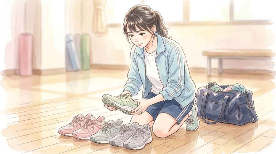 複数のシューズを並べて比較検討する選手のイラスト