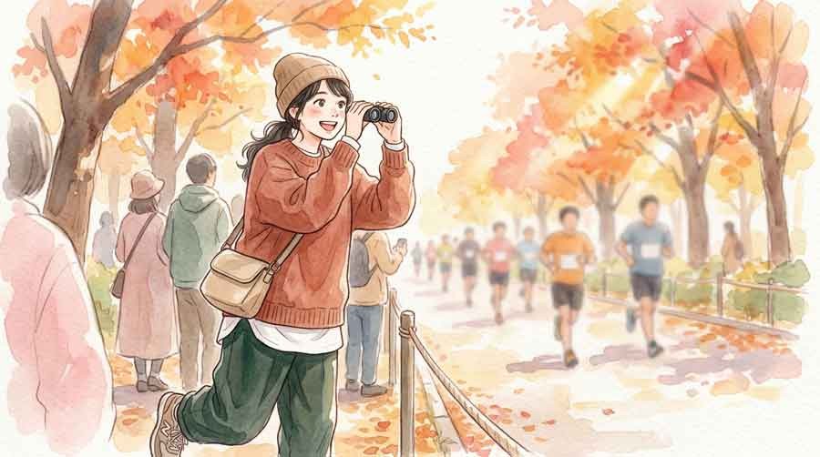 レース中の選手の足元を双眼鏡でチェックする女性ファンのイラスト