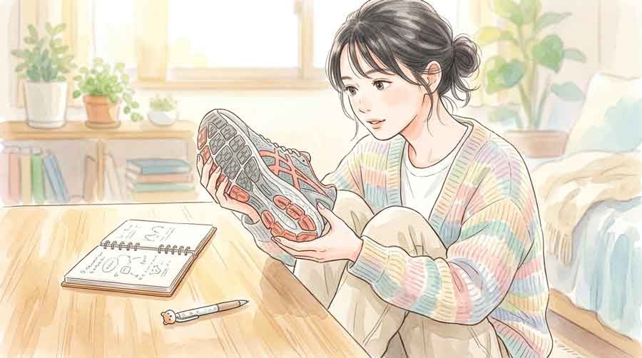 シューズのソールを裏返して構造を確認する女性のイラスト