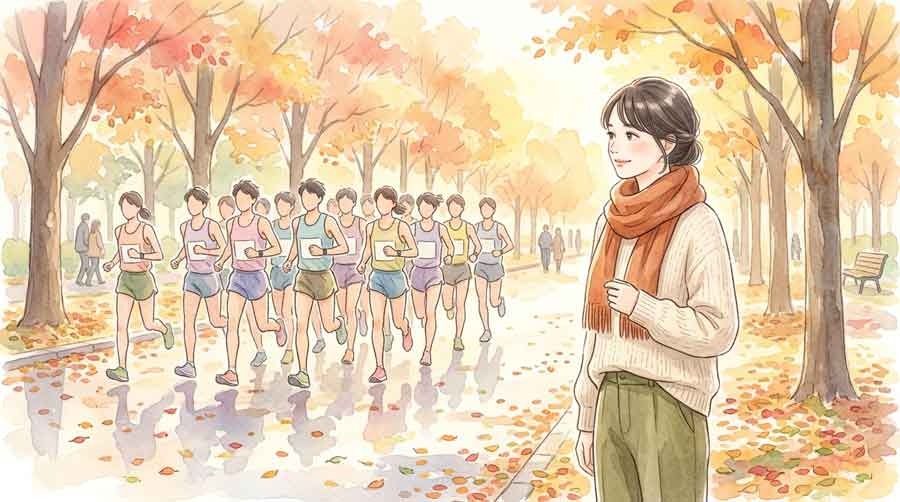 複数の選手が固まって走る集団走の様子を見つめる女性ファンのイラスト