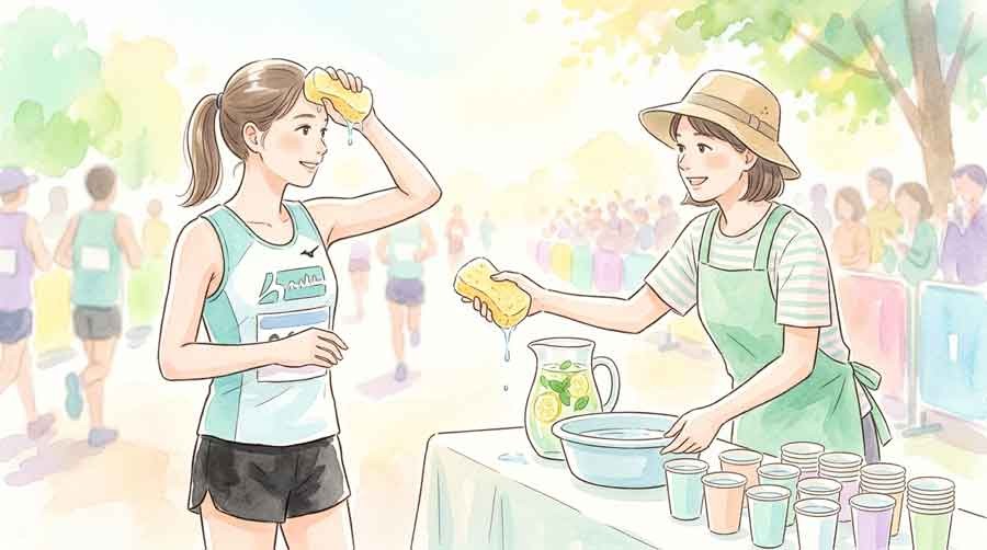 双眼鏡で集団の動きを追いながら応援する女性のイラスト
