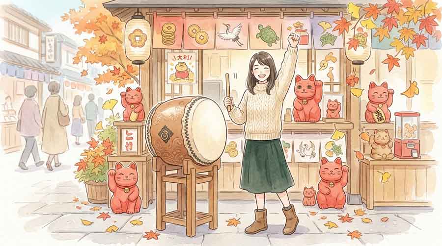 宝くじをネット購入して嬉しさのあまり大太鼓を前に喜ぶ女性
