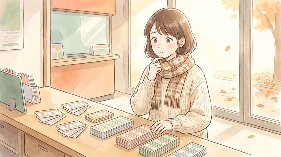 宝くじ売り場でバラか連番か考えながら選ぶ女性