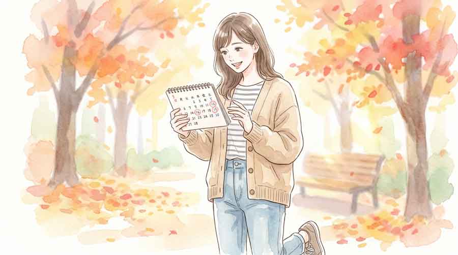 ハロウィンジャンボ 天赦日カレンダーを見て笑顔になる女性