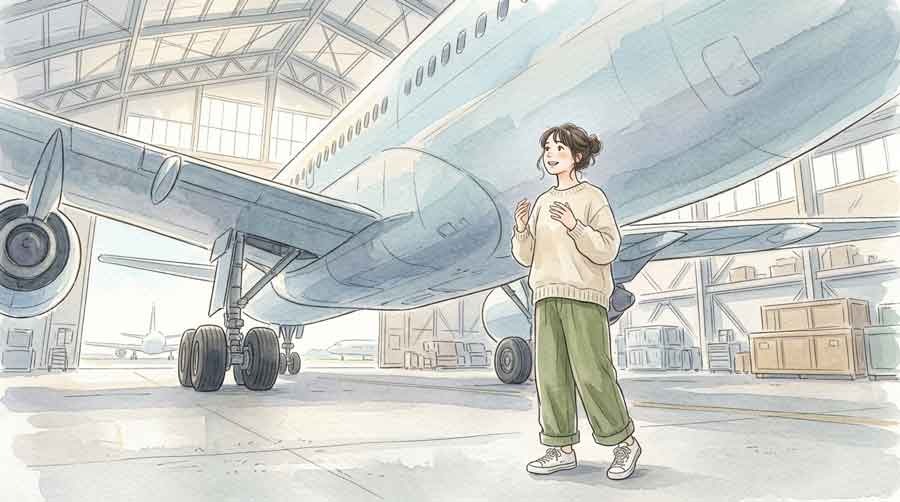 ANA Blue Hangar Tourの格納庫で実機を見上げる女性