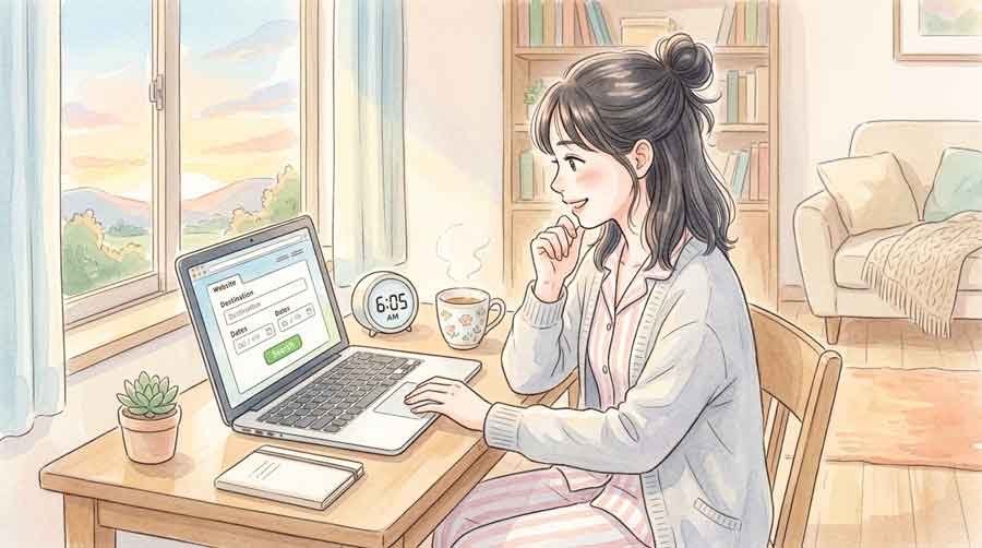 ANA Blue Hangar Tourの予約サイト画面を確認する女性
