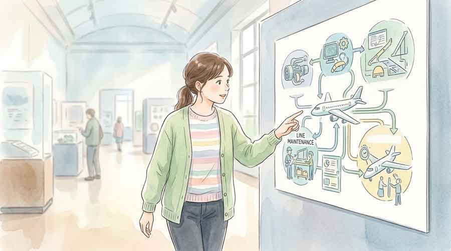 展示パネルでANAの5つの整備部門を見学する女性