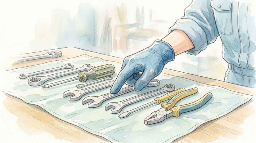 工具を1本ずつ確認する整備士のイラストを見る女性