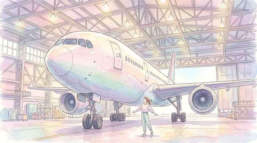 巨大な格納庫の中で実機を見上げる女性