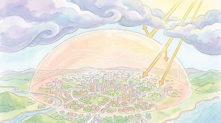 熱波ヒートドーム発生メカニズムを表す空の様子のイラスト