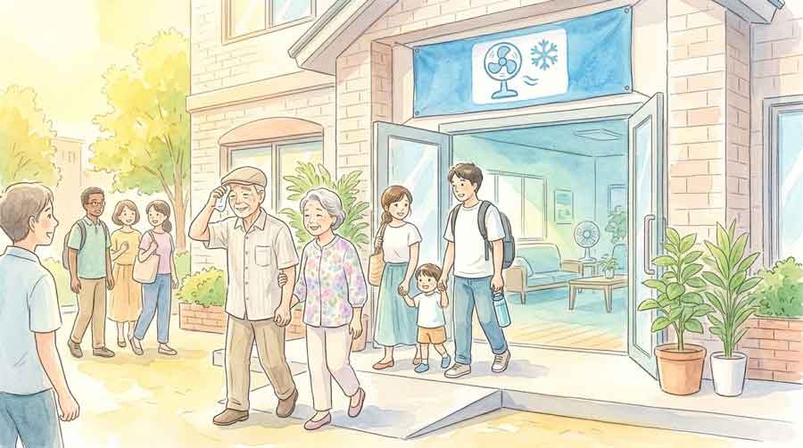 熱波クーリングシェルターで涼む人々のイラスト