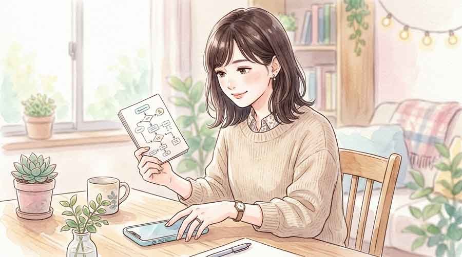 熱中症の症状をチェックリストで確認する女性、頭痛と寒気に注目する表情