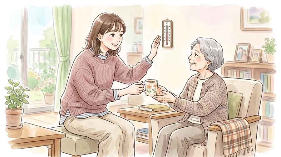 首元と脇に保冷剤を当てて熱中症の応急処置をする様子
