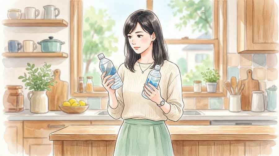 高齢の家族に水分補給を優しく促す女性、室温計を確認する様子