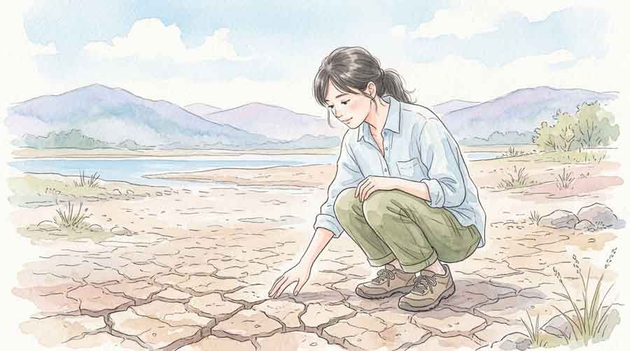 貯水率1%まで干上がったサウ貯水池のひび割れた大地