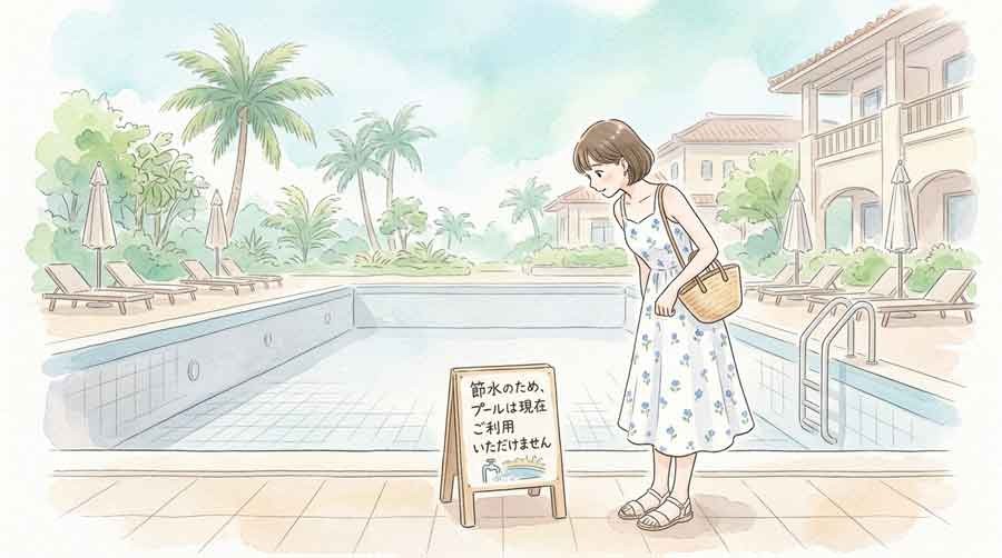 ホテルのプールサイドで注水制限の看板を見つめる旅行者