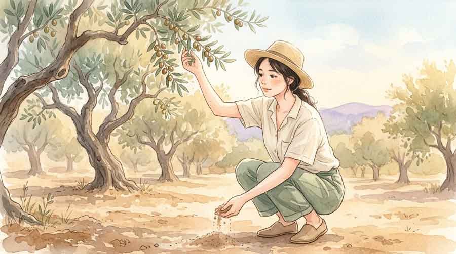 乾いたオリーブ畑で土をすくう農家の隣に立つ女性