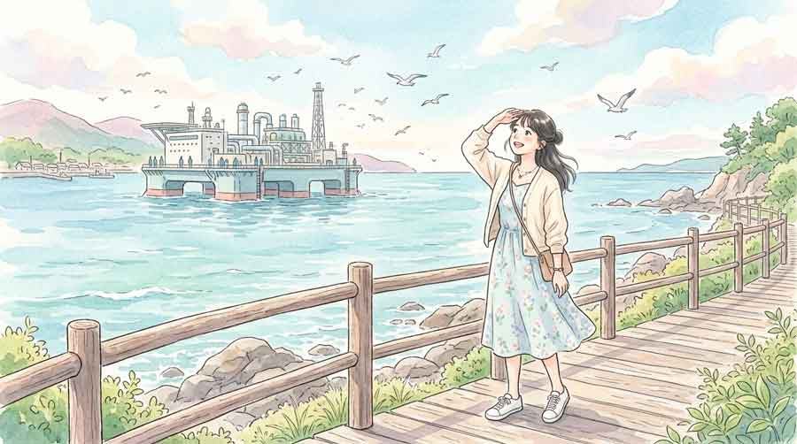 海沿いの淡水化プラントを見上げる旅行者風の女性