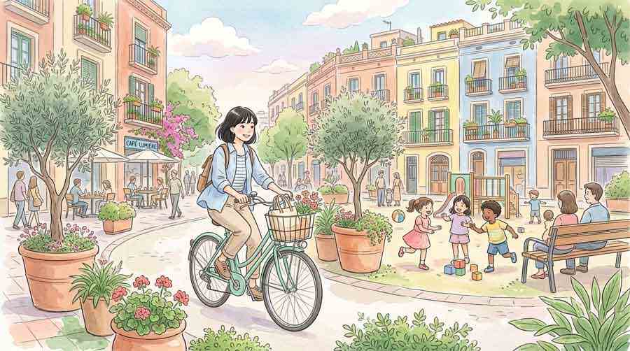 バルセロナのスーパーブロックを自転車で駆け抜ける女性