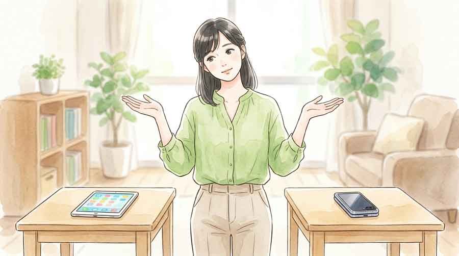 iPad miniとiPhone折りたたみの使い分けを考える女性のイメージ
