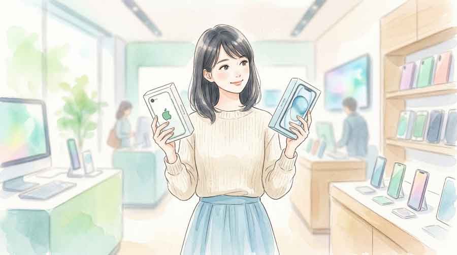 スマホ売り場で悩みながら選ぶ女性、複数の機種を見比べる