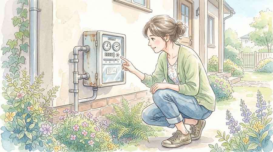 自宅のガスメーターを確認する女性