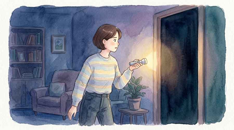 停電した室内で懐中電灯を持つ女性