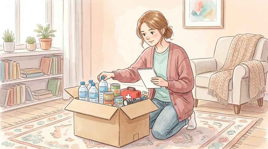 地震対策として非常用の備蓄品を確認する女性