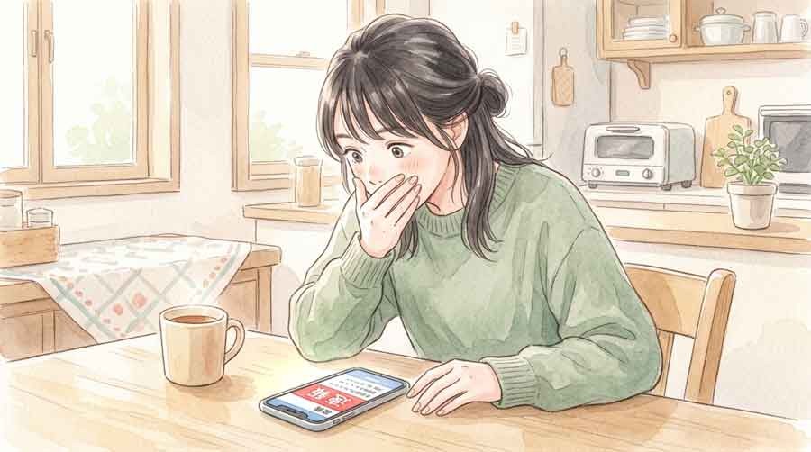 給付付き税額控除のニュース速報を見て驚く女性、スマホ画面に注目