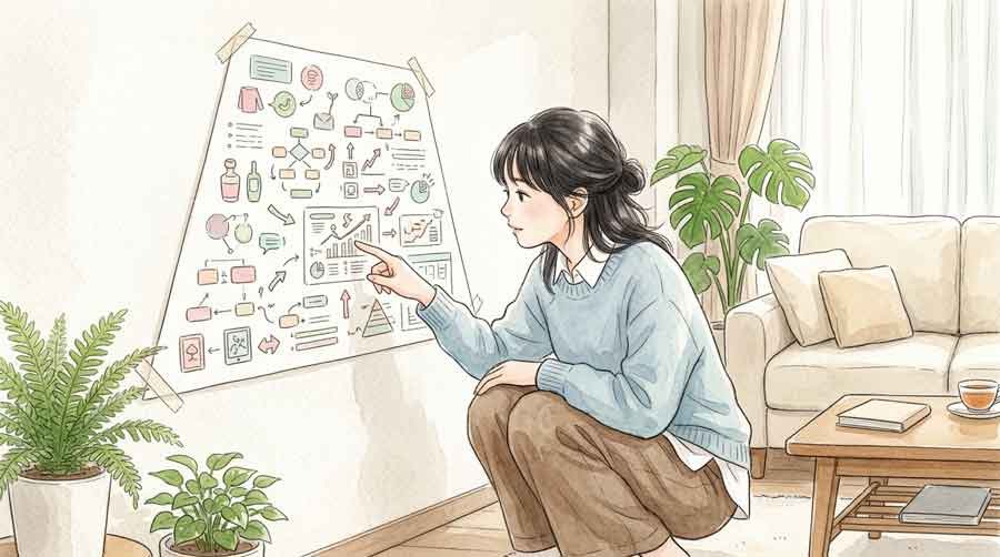 給付付き税額控除の仕組みを説明する図を見つめる女性