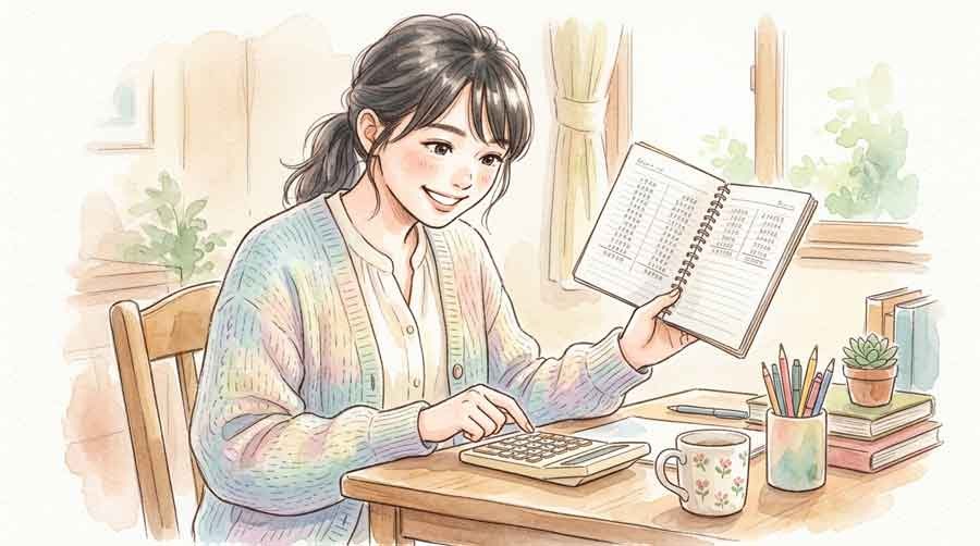 電卓とノートを使って家計を計算する女性