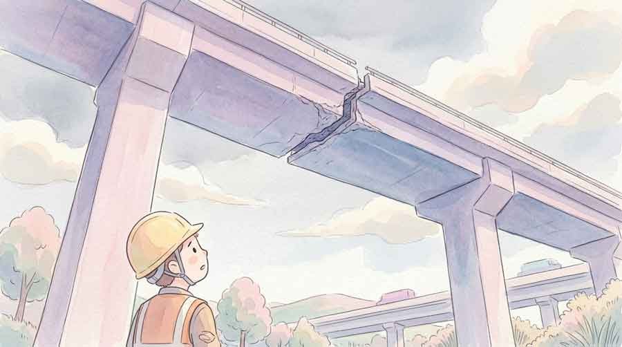 熊本地震で桁がずれた高速道路橋梁を見上げる作業員のイラスト