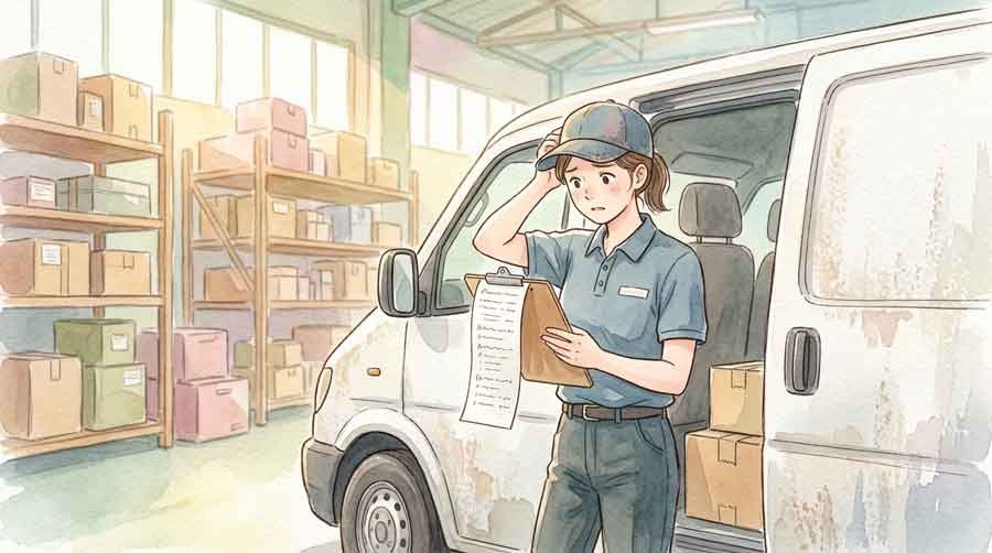 熊本地震の影響で配達員が困った表情で荷物リストを確認する様子