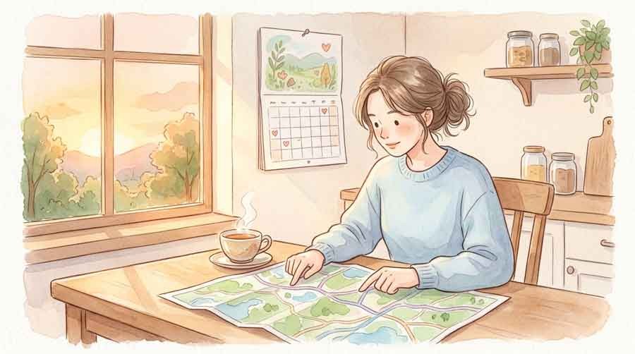 カレンダーと道路地図を見比べて計算する女性のイラスト