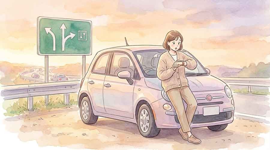 東九州自動車道を走る車と時計を見比べるイラスト
