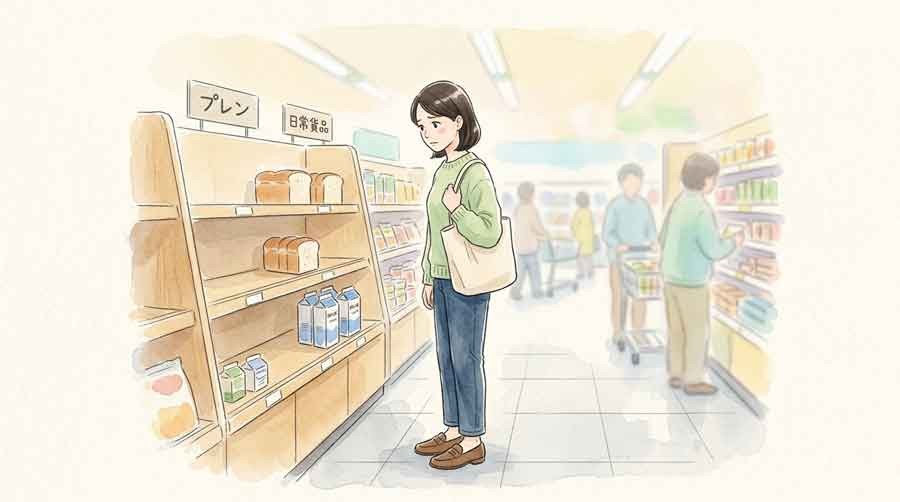 スーパーの陳列棚を見つめる女性と空の一部を見上げるイラスト
