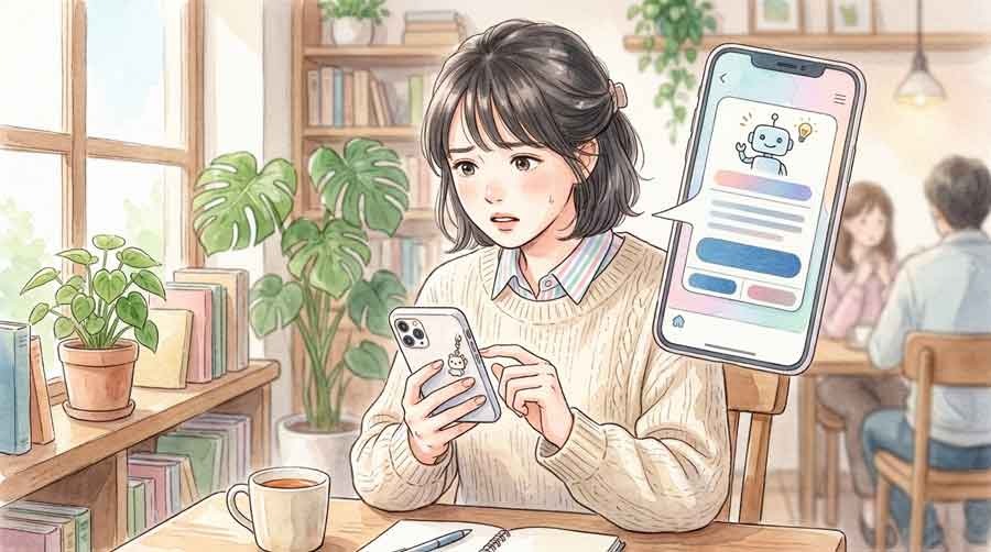 LINE AIの提案画面を見て不安になる女性の水彩イラスト