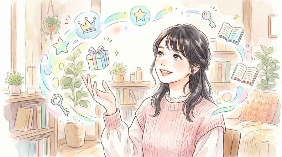 LYPプレミアムの特典一覧を眺める女性の水彩イラスト