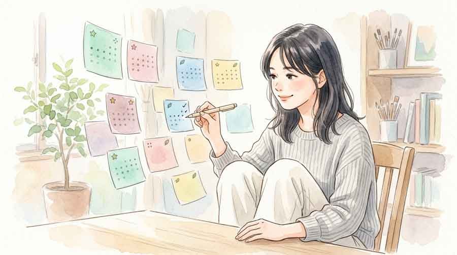 カレンダーに利用回数を記録する女性の水彩イラスト