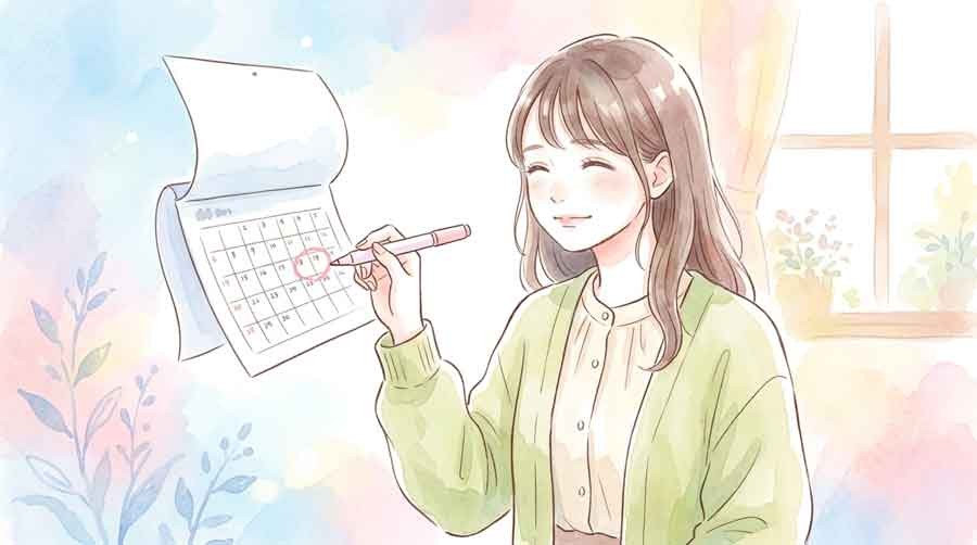 無料お試し期間のカレンダーをチェックする女性の水彩イラスト