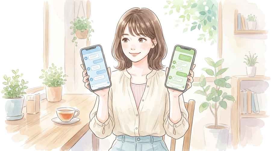 スマホでLINE AIと外部AIアプリを見比べる女性の水彩イラスト