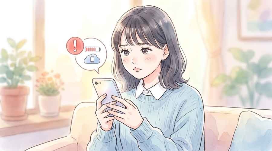 スマホの容量不足に困る女性の水彩イラスト