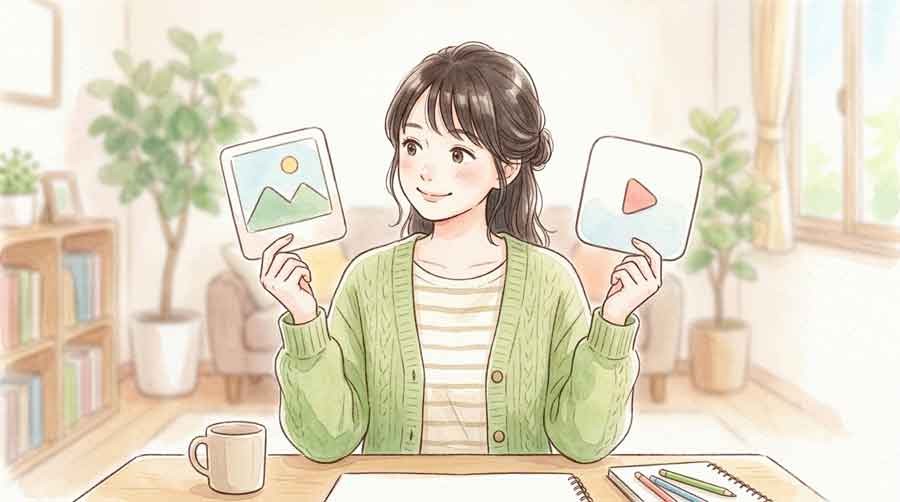 写真と動画のアイコンを見比べる女性の水彩イラスト