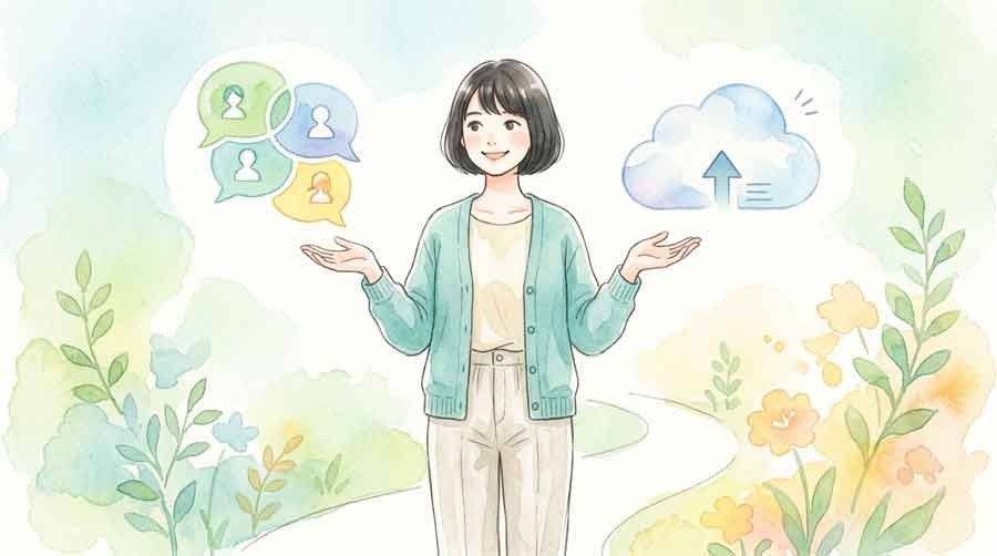 グループトークとクラウドを見比べる女性の水彩イラスト