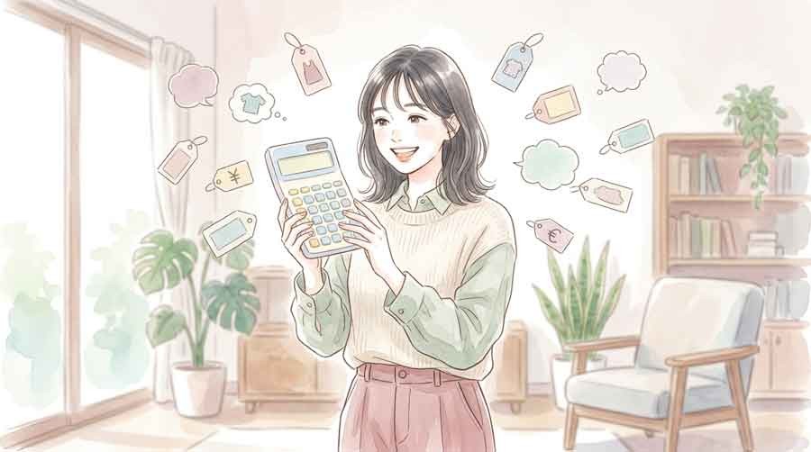 電卓で料金プランを比較する女性の水彩イラスト