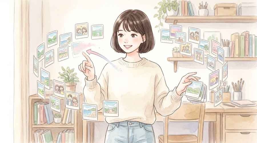 アルバムを整理する女性の水彩イラスト