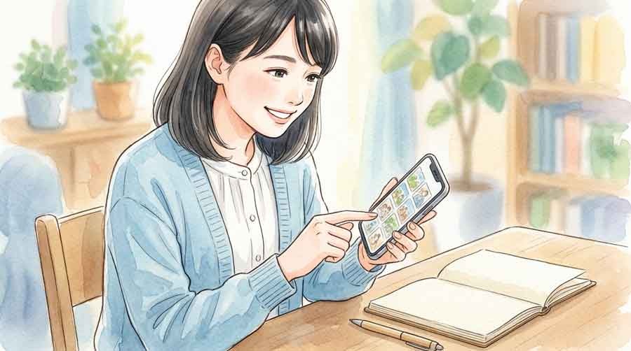 写真の枚数を数えて記録する女性の水彩イラスト