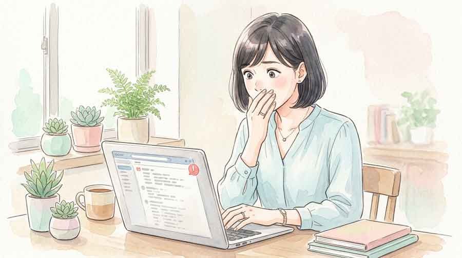 社長を名乗るメールに驚き画面を見つめる女性の水彩イラスト