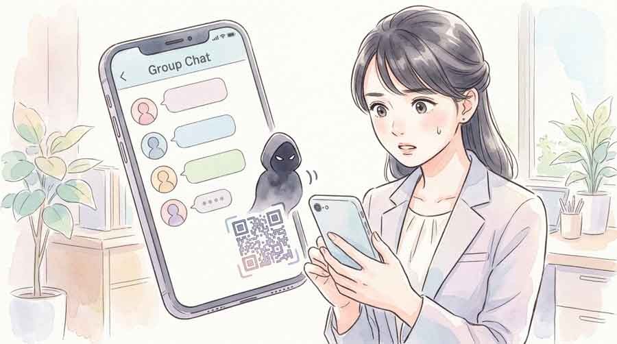 社長を名乗る不審なメールに違和感を覚える女性の水彩イラスト